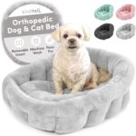 KindTail Small Orthopedic Dog and Cat Bed - Faux Fur Luxury Cuddler for Pets Under 15 lbs, Comfortable Waterproof Material with Nylon Base - 20" x 14" x 10" (Light Grey, Small)