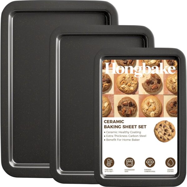 HONGBAKE Ceramic Baking Sheet Pan Set, Cookie Sheet for Oven, Bakeware Sets with Wider Grips, 3 Pack Half/Jelly Roll/Quarter Baking Tray, Premium, Dishwasher Safe - Dark Grey