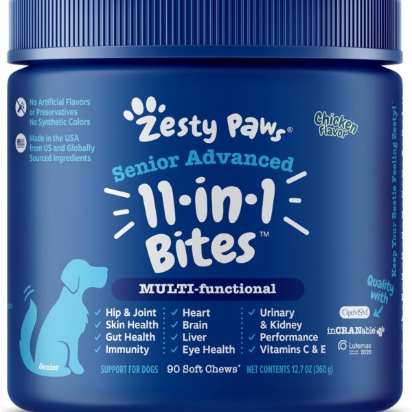 Zesty Paws Senior Dog Multivitamin Treats - Glucosamine for Dogs + Digestive Enzymes & Probiotics - Grain Free Dog Vitamins and Supplements for Skin & Coat + Immune Health Chicken - Advanced - 90ct