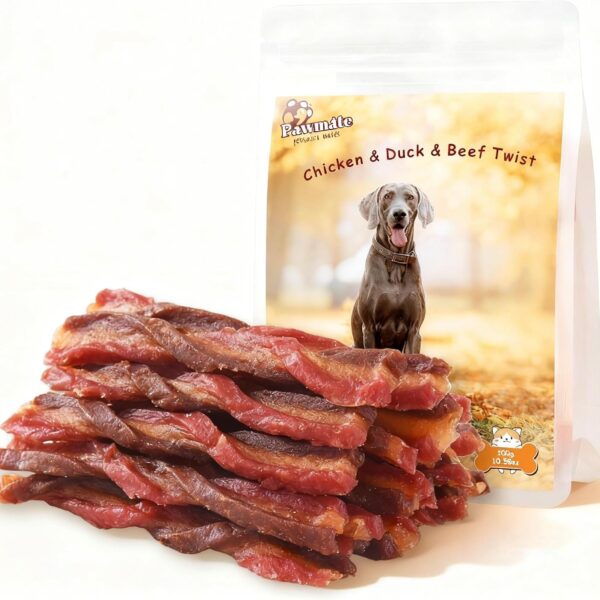 Triple Flavored Dog Treats Chicken, Duck & Beef Twists, Healthy Low Fat Dog Jerky Chews, High Protein Training Treats Snacks for Small Medium Large Breed, 10.6 oz