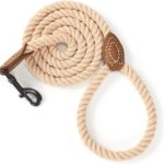 Mile High Life Dog Leash, Braided Cotton Rope Leashes with Leather Tip - Heavy Duty Metal Clasp, 4FT, 1/2" Thick - Wedding, Walking & Training Leash for Small Medium Large Dogs (Light Brown)
