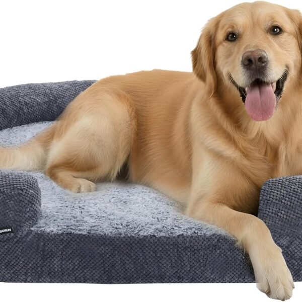 Orthopedic Dog Bed for Large Dogs, Egg Crate Memory Foam Fur Sofa with Comfortable Sides, Soft and Big Dog Couch Bed with Washable Removable Cover and Non-Slip Oval Bottom, 43" Grey