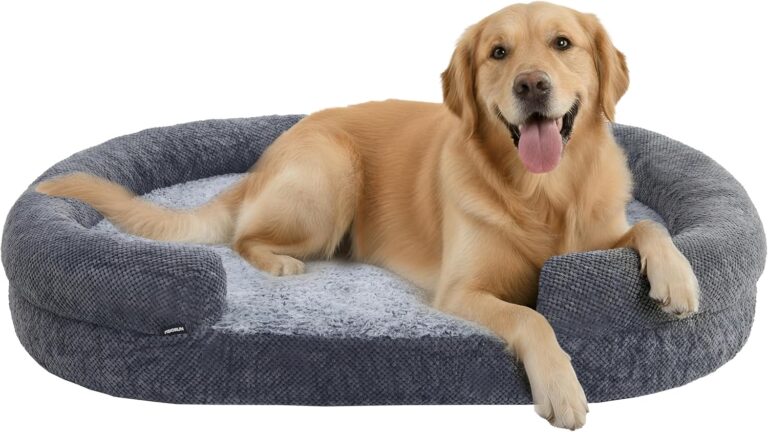 Orthopedic Dog Bed for Large Dogs, Egg Crate Memory Foam Fur Sofa with Comfortable Sides, Soft and Big Dog Couch Bed with Washable Removable Cover and Non-Slip Oval Bottom, 43" Grey
