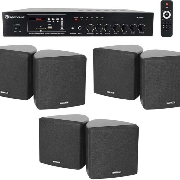 Rockville Commercial Bundle: (3) Pair Cube 70v Black 3.5" Swivel Wall Mount Speakers, RCS80-1 60-Watt 70v Amplifier with Bluetooth, 4-Items