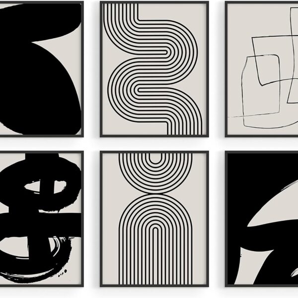 HAUS AND HUES Black Abstract Painting Aesthetic - Set of 6, Modern Abstract, Black and Gray, One Line Abstract Art, Geometric Print, Minimalist wall art (8" x 10", UNFRAMED)