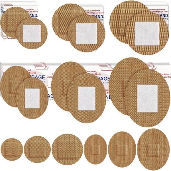 Geiserailie 120pcs Small Bandage Bulk Round Oval Bandages for Face Fabric Adhesive Flexible Breathable Bandages Fabric for Small Wound Protection Care, 6 Sizes, 7/8'', 1'', 1.4'', 1.5 x 1.75''