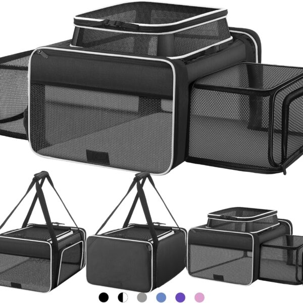 Top and 2 Sides Expandable Large Cat Carrier 18x13.5x9.5, TSA Airline Approved Dog Carriers for Large Dogs, Soft-Sided Pet Carrier with Self-Locking Zippers for Kitten,Rabbit,Puppy, Black White