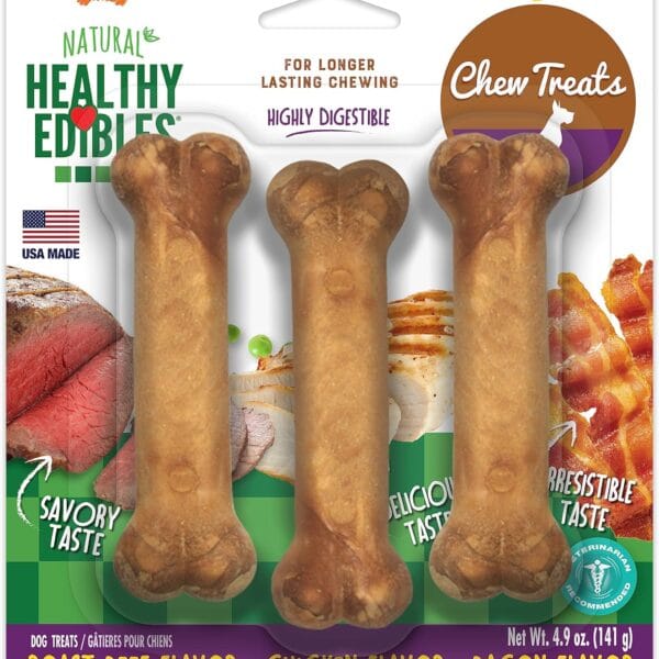 Nylabone Healthy Edibles Natural Dog Chews Long Lasting Roast Beef, Chicken & Bacon Flavor Treats for Dogs, Small/Regular (3 Count)
