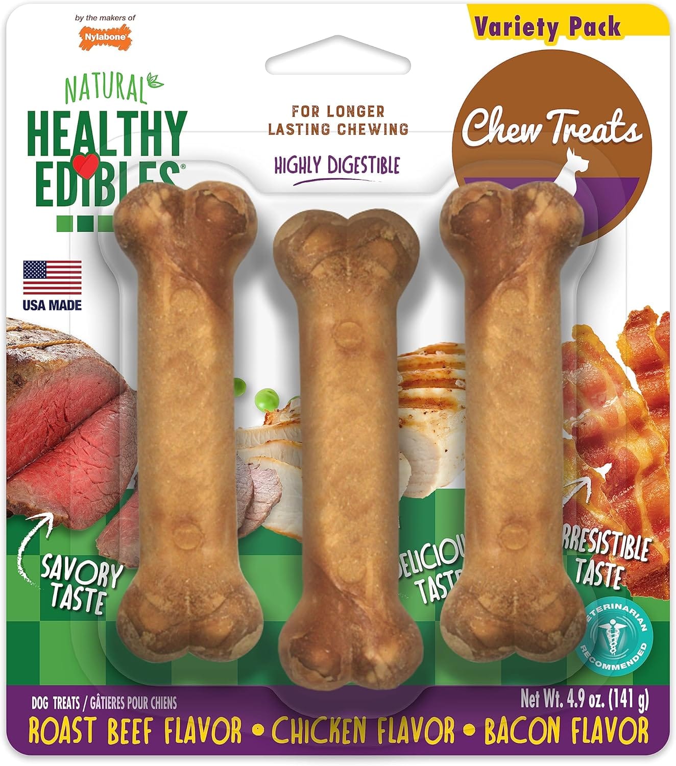 Nylabone Healthy Edibles Natural Dog Chews Long Lasting Roast Beef, Chicken & Bacon Flavor Treats for Dogs, Small/Regular (3 Count) Nylabone Healthy Edibles Natural Dog Chews Long Lasting Roast Beef, Chicken & Bacon Flavor Treats for Dogs, Small/Regular (3 Count)