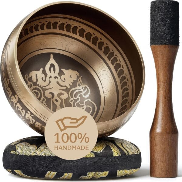 Handmade Tibetan Etched Singing Bowl Set  Sound Bowl & Meditation Bowl with Cushion, Mallet & Guide  Yoga Kit  Stress Relief Tools  Ancient Himalayan Meditation Tools
