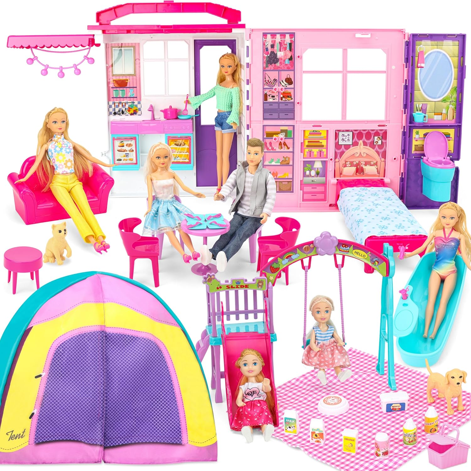 Doll House Portable & Foldable Dollhouse w/ 60+ Pcs & 2 Dolls, Play House Toy with Bedroom Kitchen Furniture Camping Playset, Playhouse Birthday Gift for Girl Kid Toddler Doll House Portable & Foldable Dollhouse w/ 60+ Pcs & 2 Dolls, Play House Toy with Bedroom Kitchen Furniture Camping Playset, Playhouse Birthday Gift for Girl Kid Toddler