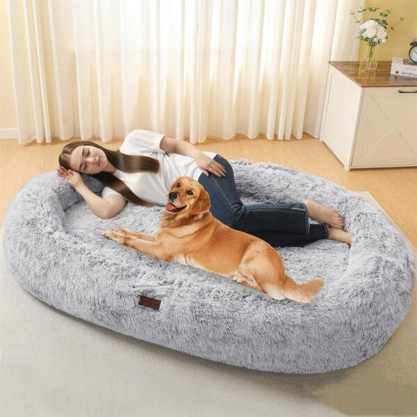 Human Dog Bed Fits Adult & Pets, Reversible 2 Layer Orthpedic Gel Memory Foam, Removable Double-Sided Mat with Cooling Fabric, Washable Faux Fur, Plump Edge with Blanket, 71", Ombre Gray