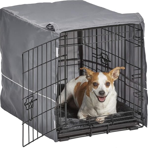 MidWest Homes for Pets Double Door 24-inch Dog Crate Kit, Bundle Includes a Two-Door Cage, Matching Gray Bed and Crate Cover, For Small Breeds