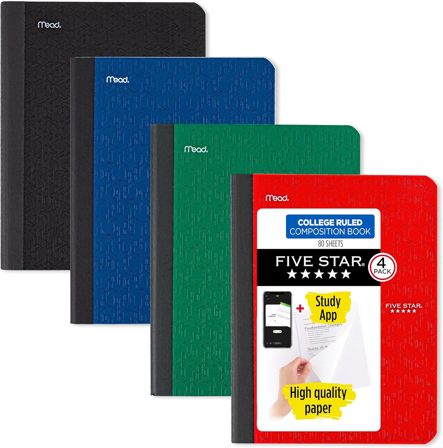 Five Star Composition Book + Study App, 4 Pack, College Ruled Paper, 7-1/2" x 9-3/4", 80 Sheets, Forest Green, Pacific Blue, Fire Red and Black (850065B-ECM) Five Star Composition Book + Study App, 4 Pack, College Ruled Paper, 7-1/2" x 9-3/4", 80 Sheets, Forest Green, Pacific Blue, Fire Red and Black (850065B-ECM)