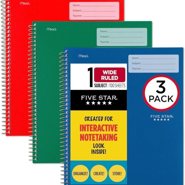 Five Star Interactive Notetaking Spiral Notebooks, 3 Pack, 1-Subject, Wide Ruled Paper, 11" x 8-1/2", 100 Sheets, Forest Green, Fire Red, Pacific Blue (929986-ECM)