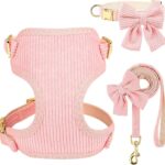 Didog Cute Small Dog Harness Collar and Leash Set with Bowtie, Breathable Soft Mesh Padded Puppy Harness, Pink Dog Harness for Parties, Holiday Gatherings & Gifts, Pink, S
