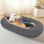 Human Dog Bed for Adult, Reversible 2 Layer Gel Infused Orthpedic Memory Foam, Washable Faux Fur, Plump Edge with Blanket, Storage Pocket, Strap, 71"x41.3"x11", Medium Gray