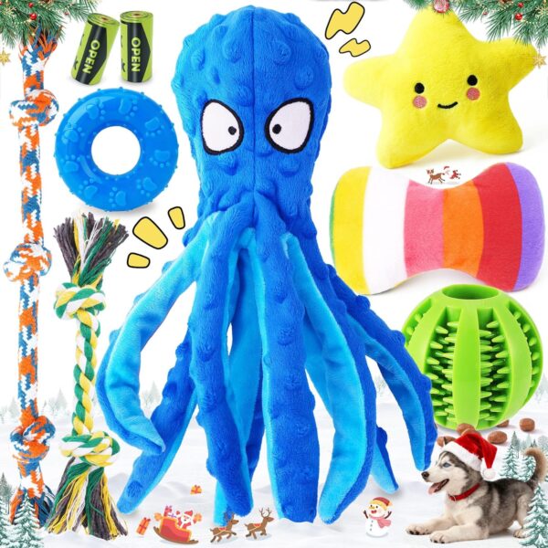 KIPRITII 9-Pack Interactive Puppy Dog Toys for Small Dogs No-Stuffing Squeaky Octopus-Shaped Toy, Cute Plush & Engaging Chew Toys for Puppy Teething to Keep Them Busy