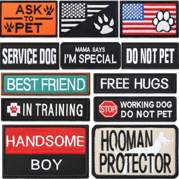 Chunyin 12 Pieces Dog Patches for Service Dog Vest Removable Tactical Harness Service Puppy Embroidered in Training Animal Working Puppy Patch for Vest Harnesses Collars Leashes