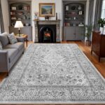 5x7 Grey Washable Boho Area Rug for Bedroom, Vintage Floral Non Slip Living Room Rugs, Soft Low Pile Indoor Mat, Aesthetic Pattern Carpet for Kitchen and Dining Room