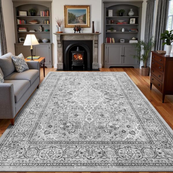 5x7 Grey Washable Boho Area Rug for Bedroom, Vintage Floral Non Slip Living Room Rugs, Soft Low Pile Indoor Mat, Aesthetic Pattern Carpet for Kitchen and Dining Room