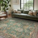 Bavni Washable Area Rugs 8x10 Green Boho Rug Tumble Vintage Large Carpet for Living Room Bedroom Dining Room, Non Slip Thin Low Pile Chenille, Dark Sage/Gold