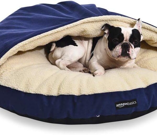 Amazon Basics Pet Cave Bed for Dog, With Removal Nesting Cave Cover, Fits up to 30lbs Pets, 35 x 35 x 13 inches, Blue