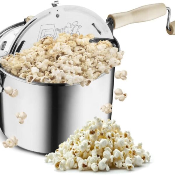 Stovetop Popcorn Maker - 6.5-Quart Stainless-Steel Popcorn Popper with a Hand Crank, Vented Lid, and Stir Paddle by Great Northern Popcorn (Silver)