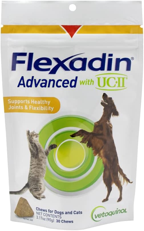 Vetoquinol Flexadin Advanced Dog Hip and Joint Supplement with Undenatured Collagen, One Chew a Day Hip and Joint Support Chew for Dogs and Cats, Clinically Proven Vet-Approved Formula, 30 Chews Vetoquinol Flexadin Advanced Dog Hip and Joint Supplement with Undenatured Collagen, One Chew a Day Hip and Joint Support Chew for Dogs and Cats, Clinically Proven Vet-Approved Formula, 30 Chews