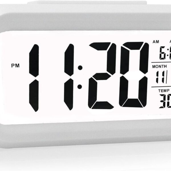 Digital Alarm Clock, Alarm Clock Battery Operated/Night Light/Indoor Temperature, Small Digital Clock with Funny Box (White)