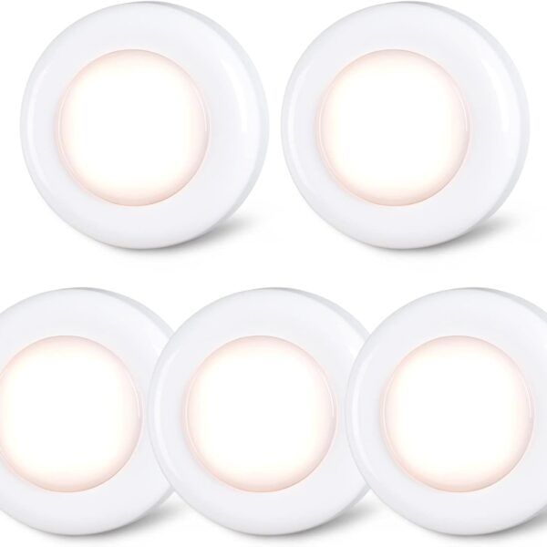 STAR-SPANGLED Push Tap Light, 2.8 Mini Night Touch LED Puck Lamp, Portable Under Cabinet Lighting AAA Battery Operated Powered, DIY Stick On Lights for Closet, Counter, Kitchen, Warm White, 5 Pack
