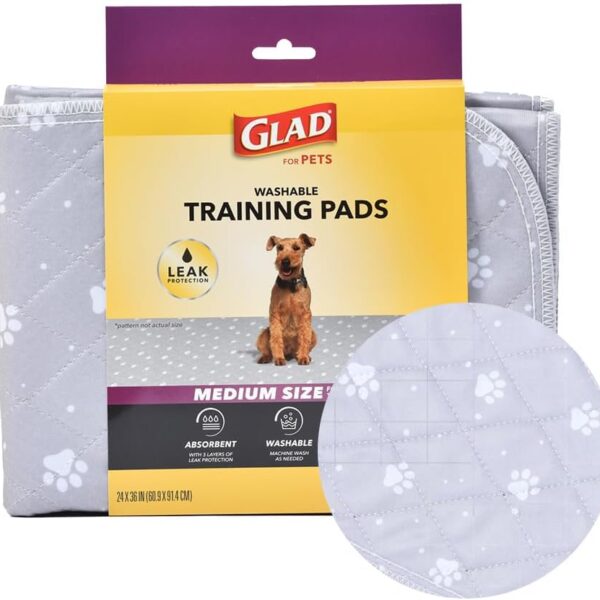 Glad for Pets Washable Training Pads, Medium Size (24x36), 2 Pack Gray with Paw Prints| Re-usable Cloth Dog Training Pads with 3 Layers of Leak Protection and No Slip Grip Vinyl Bottom