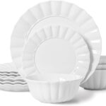 HOMBENE Plates and Bowls Sets, 12 Piece Dinnerware Sets Bone China, Porcelain Dinner Set with Cereal Bowls, Ceramic Soup Bowls, for Pasta, Salad, Gift Idea, Wavy Pattern
