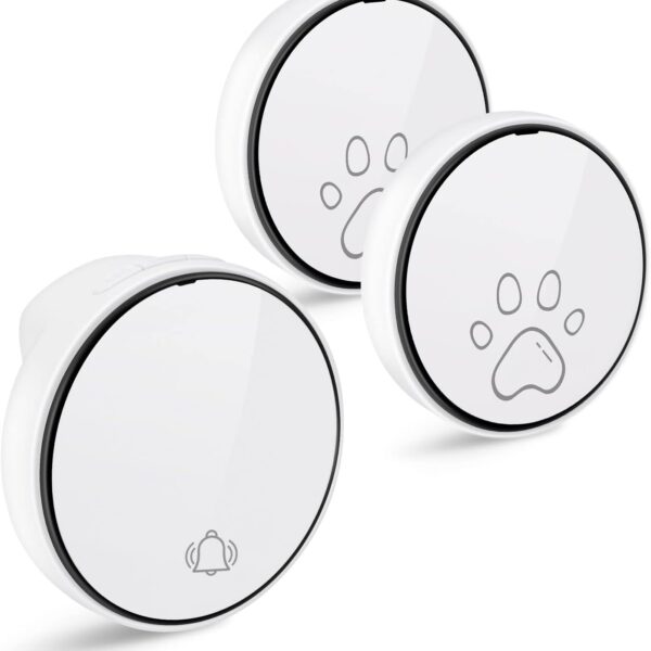 Comsmart Smart Wireless Dog Door Bell, Doggie Doorbell for Pet Potty Training Communication Go Outside Press Button with 38 Melodies 4 Volume Levels LED Flash (1 Receiver & 2 Transmitter), White
