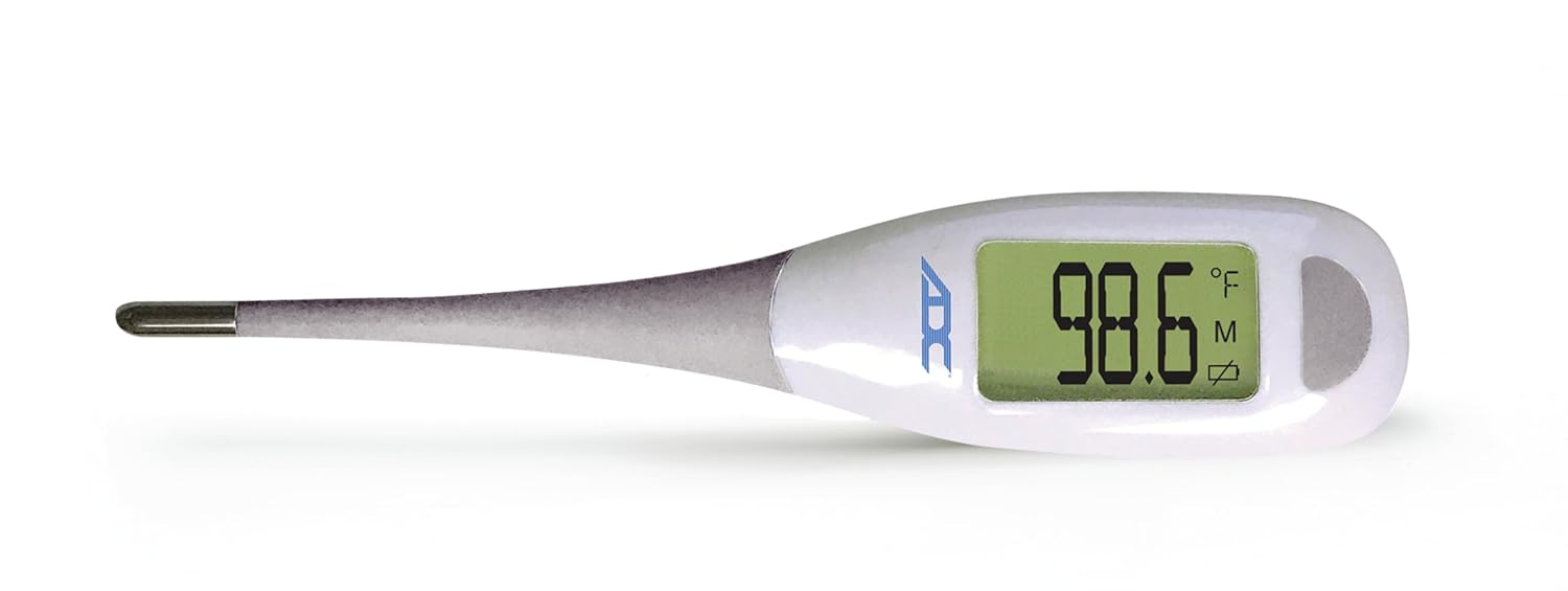 ADC Fast Read Digital Thermometer, Flexible Tip and Large Quick Read LCD Display with Color-coded Backlighting ADC Fast Read Digital Thermometer, Flexible Tip and Large Quick Read LCD Display with Color-coded Backlighting