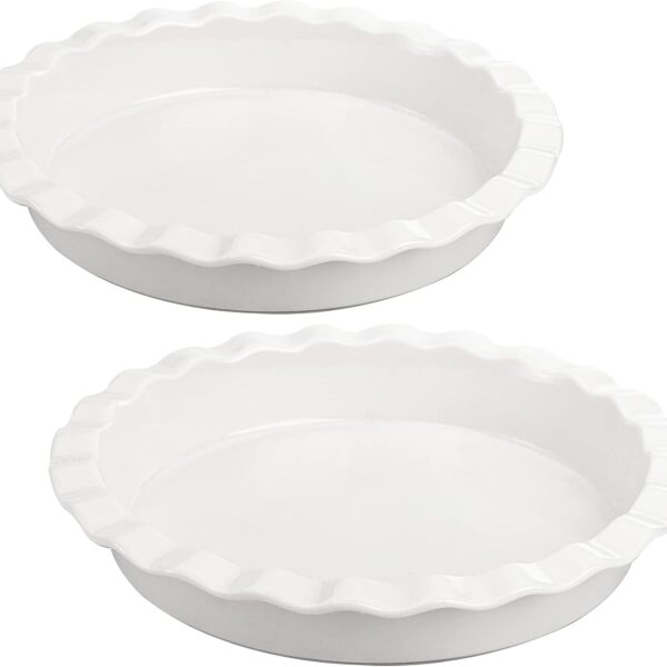Foraineam Porcelain Pie Pan for Baking, Oven Safe Pie Plate Baking Dish, 9 Inches Round Deep Dish with Ruffled Edge, Set of 2