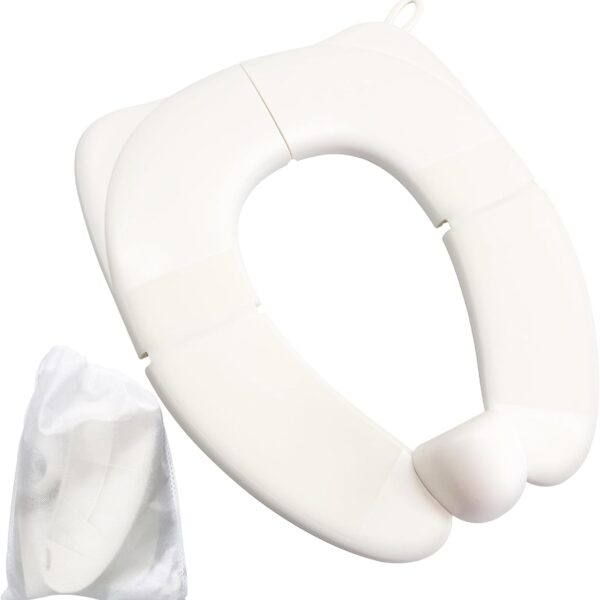 Portable Folding Toilet Seat for Kids, Travel Potty Training Helper, Training Urine Anti Slip Toilet Seat Cover with Splash Guard Includes Free Storage Bag, Fits Most Toilets - White
