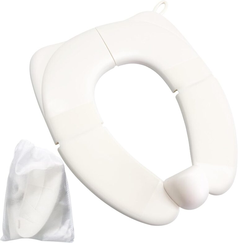 Portable Folding Toilet Seat for Kids, Travel Potty Training Helper, Training Urine Anti Slip Toilet Seat Cover with Splash Guard Includes Free Storage Bag, Fits Most Toilets - White