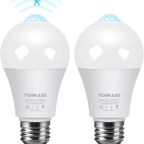 Motion Sensor Light Bulbs, 13W (100Watt Equivalent), Motion Activated Dusk to Dawn Security LED Bulb, 5000K Daylight, Energy-Efficient, for Indoor and Outdoor Lighting, Porch, Stairs, Hallway 2Pack