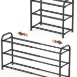 Gonfoam 3-Tier Expandable Shoe Rack,Adjustable Shoe Shelf Storage Organizer Heavy Duty Metal Free Standing Shoe Rack for Entryway Closet Doorway (Black)