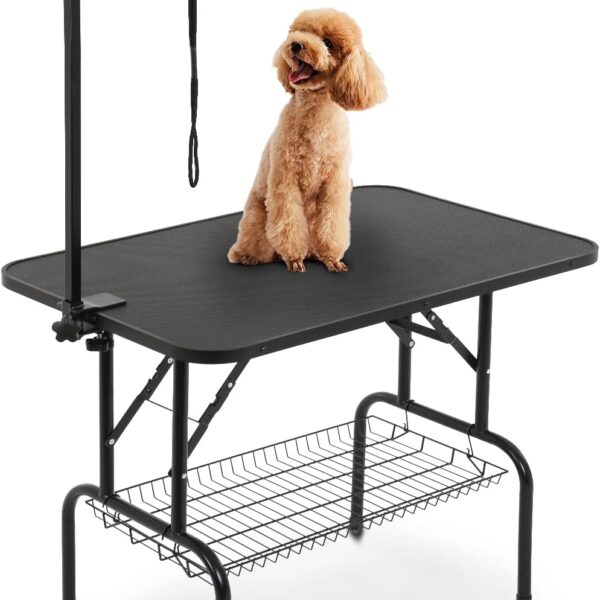 NChanmar Dog Grooming Table 36 Inch Grooming Stand Pet Grooming Arm for Dogs Cats Height Ajustable Foldable with Noose,Mesh Tray Non-Slip Desk Top for Trimming,Bathing,Grooming