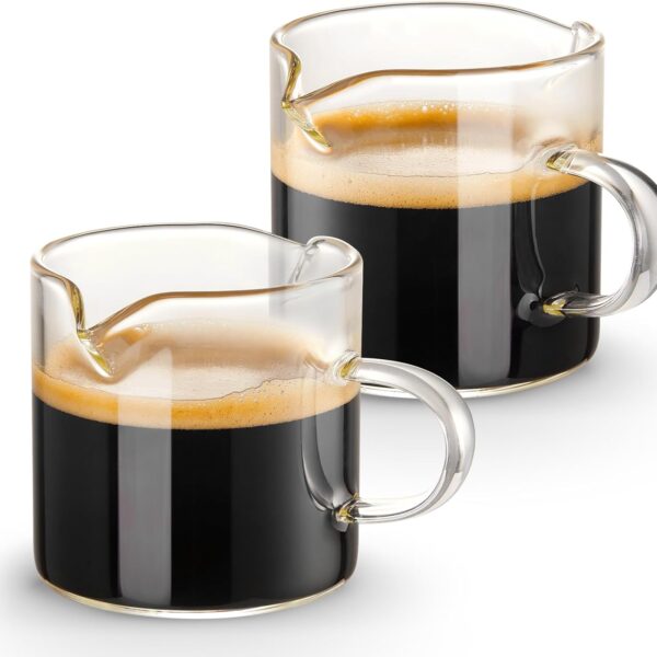 Espresso Cups Set of 2, 4 OZ Double Spouts Cups, Shot Glasses, Milk Cup with Handle, Clear Glass, Espresso Accessories for Machine, Small