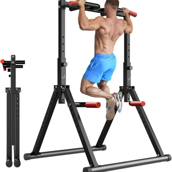 WATBKHE Power Tower Pull Up Dip Station Foldable, Pull Up Bar Station Adjustable, Multi-Function Home Gym, Strength Training Fitness Equipment, Triangular Design, for Home Outdoor