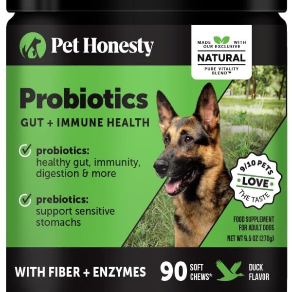 Pet Honesty Probiotics for Dogs - Digestive Enzymes Promotes Gut Health, Dog Probiotics for Bowel Support, Fiber for Regularity, Prebiotics for Immune Health & Gut Flora (Duck, 90 ct)