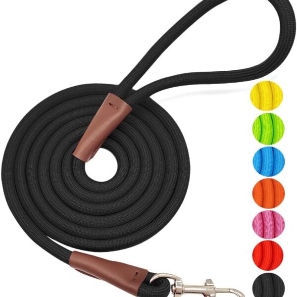 MayPaw 4/6 /8/10 FT Dog Leash, Classic Solid Colors, Strong Nylon Rope Dog Leash Reinforced with Leather Tailor Connection Heavy Duty Silver Clasp (Black, 4ft*1/2")