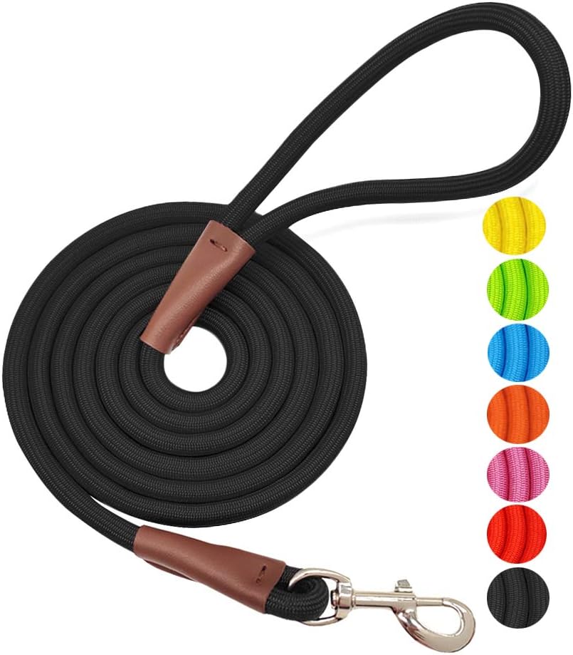 MayPaw 4/6 /8/10 FT Dog Leash, Classic Solid Colors, Strong Nylon Rope Dog Leash Reinforced with Leather Tailor Connection Heavy Duty Silver Clasp (Black, 4ft*1/2") MayPaw 4/6 /8/10 FT Dog Leash, Classic Solid Colors, Strong Nylon Rope Dog Leash Reinforced with Leather Tailor Connection Heavy Duty Silver Clasp (Black, 4ft*1/2")