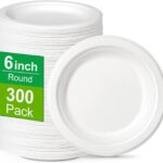 Greconv 300 Pack Small Compostable Paper Plates, 6 inch, Made from Sugarcane Fibers, Recycled, White
