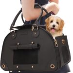 Foldable Premium PU Leather Dog Purse - Portable Pet Carrier Tote Bag for Small to Medium Cats and Dogs (Black-Small)