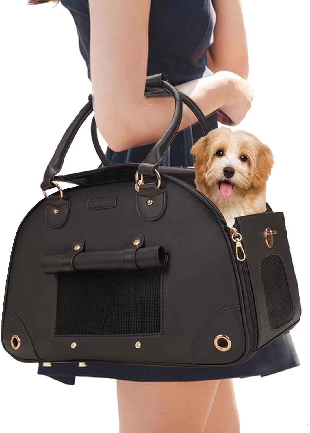 Foldable Premium PU Leather Dog Purse - Portable Pet Carrier Tote Bag for Small to Medium Cats and Dogs (Black-Small) Foldable Premium PU Leather Dog Purse - Portable Pet Carrier Tote Bag for Small to Medium Cats and Dogs (Black-Small)