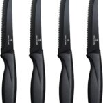 Steak Knives Set of 4, Premium Steak Knife,Stainless Steel Steak Knives Set,Sharp Serrated Steak Knife,Ergonomic Black Handle Steak Knifes,Durable Kitchen Steak Knifes,Dishwasher Safe